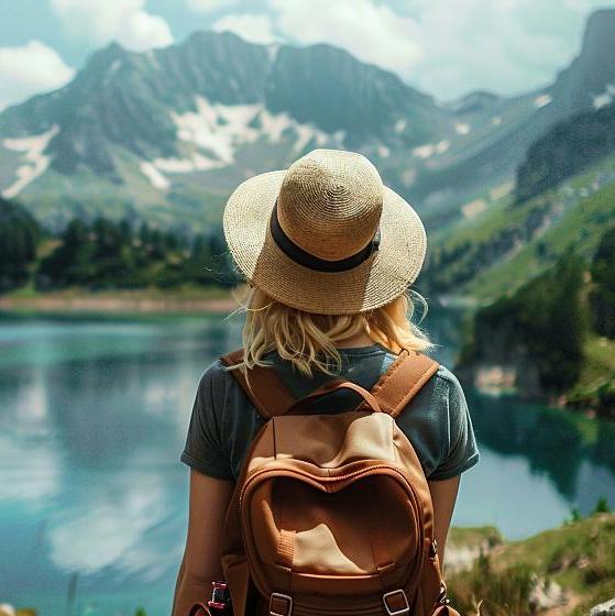 Woman in a hat and bagpack looking toward the lake